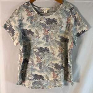 C & C LABEL, S/S, ROUND NECK LINEN BLOUSE, GRAY/PINK & WHITE, SZ. 1X